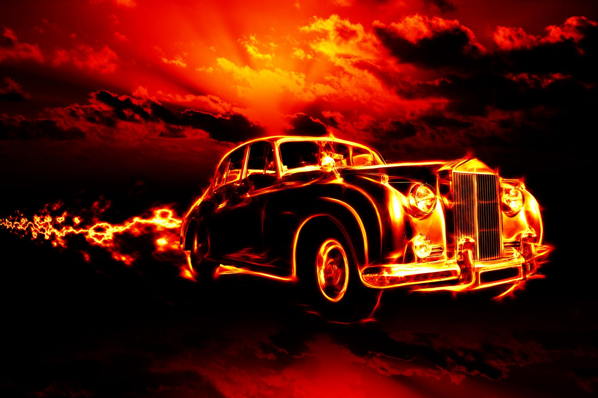 feuer flamme hölle klassisch auto stadt roter himmel wolken horror ghost rider gruselig rauch feuer klassiker autos stadt ghost rider gruseliger rauch