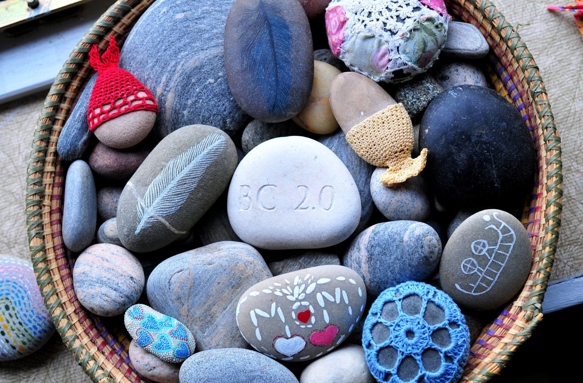 colored decorated painted stones knitting