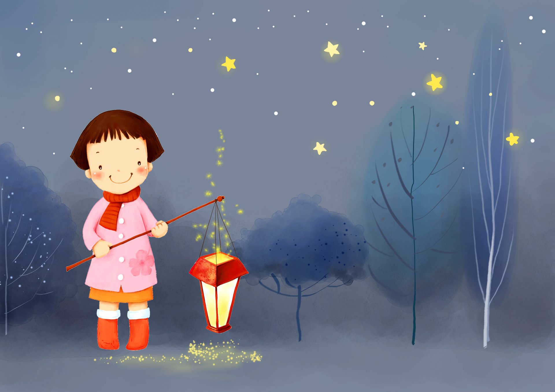 children s wallpaper girl smile scarf coat boots light tree night winter