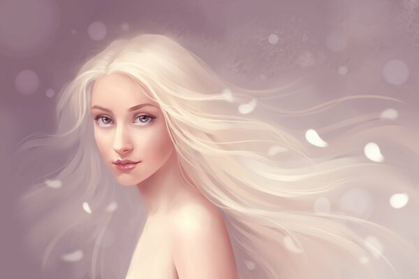 Девушка с белыми волосами и лепестками цветов