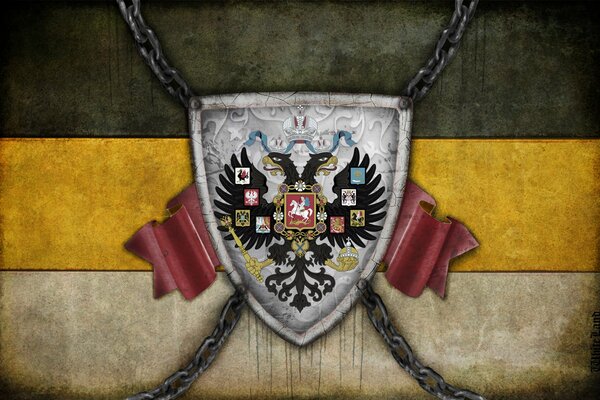 Coat of arms of the Russian Empire on the background of the flag