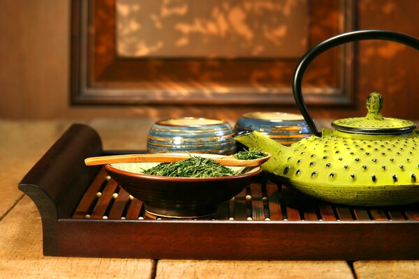 Everything is prepared on a tray for the tea ceremony