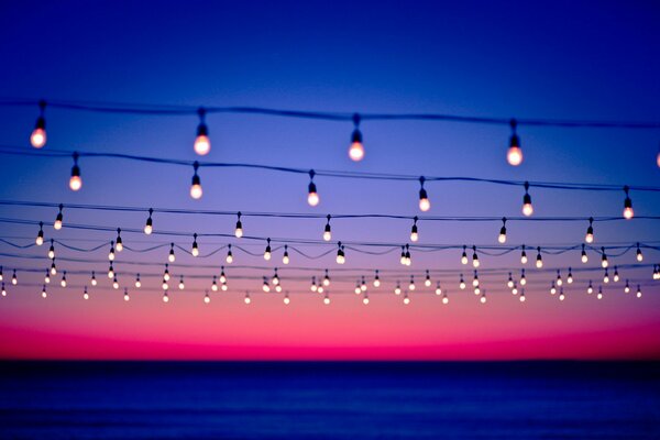 Lines of wires decorated with lamps on a sunset background