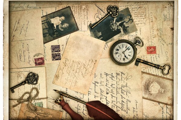 Vintage clock on the background of old letters with stamps pen and photos