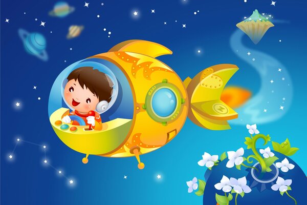 Children s wallpaper with an astronaut in a rocket flying away from a planet where flowers grow