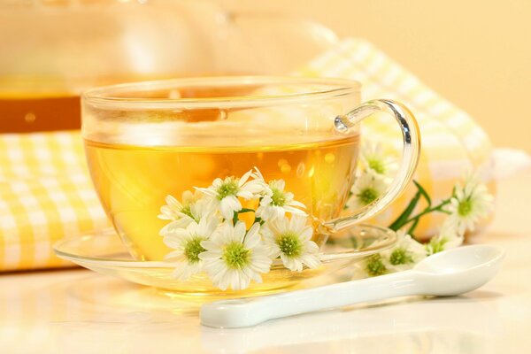 Tea in a cup and with flowers and with a spoon