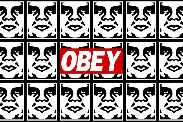 Obey logo on a background of black and white faces