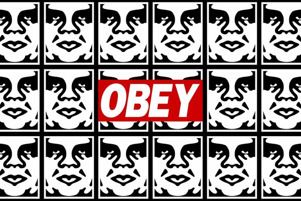 Logo obey sur fond de visages en noir et blanc