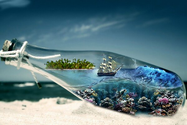 A ship in the waves in a bottle on the sand