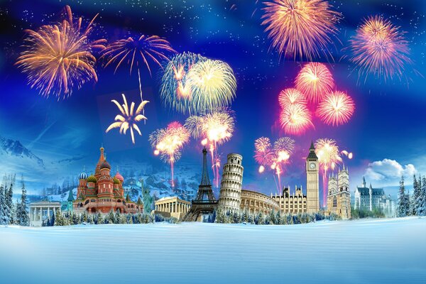 Winter fireworks on the background of sights of different countries
