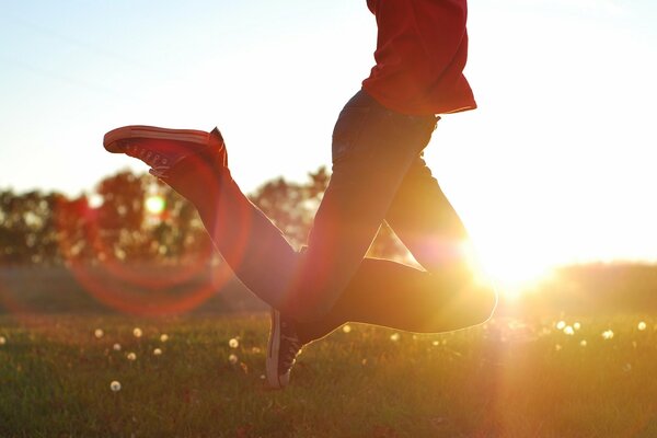 Jump in nature surrounded by the sun and dandelions