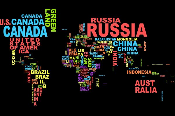 Farbbild der Weltkarte in farbiger Textausführung auf schwarzem Hintergrund