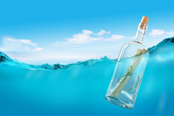 A picture of a floating bottle with a letter on the water