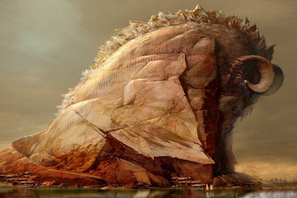 Искусство по фольге с отражением дракона, горы, яхты озеро
