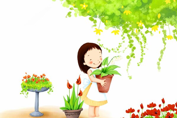 Baby wallpaper with a girl and flowers in pots