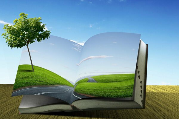 A book with a picture of a road, a field and a tree