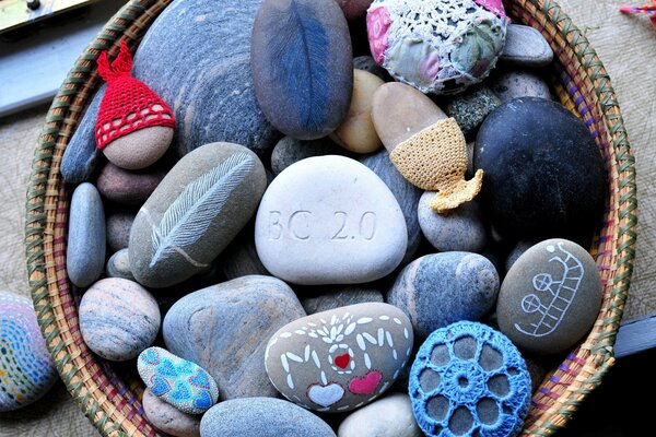 Decorative stones in a wicker basket