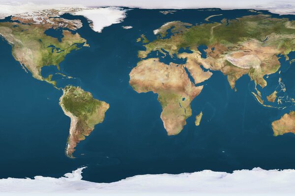 Physical map of the earth with continents and oceans