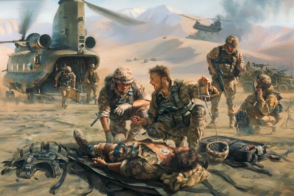 Soldiers are helping a wounded man in the desert