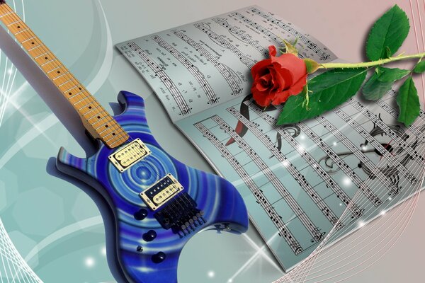 Eine Rose auf Noten und eine Gitarre ist ein schönes Bild