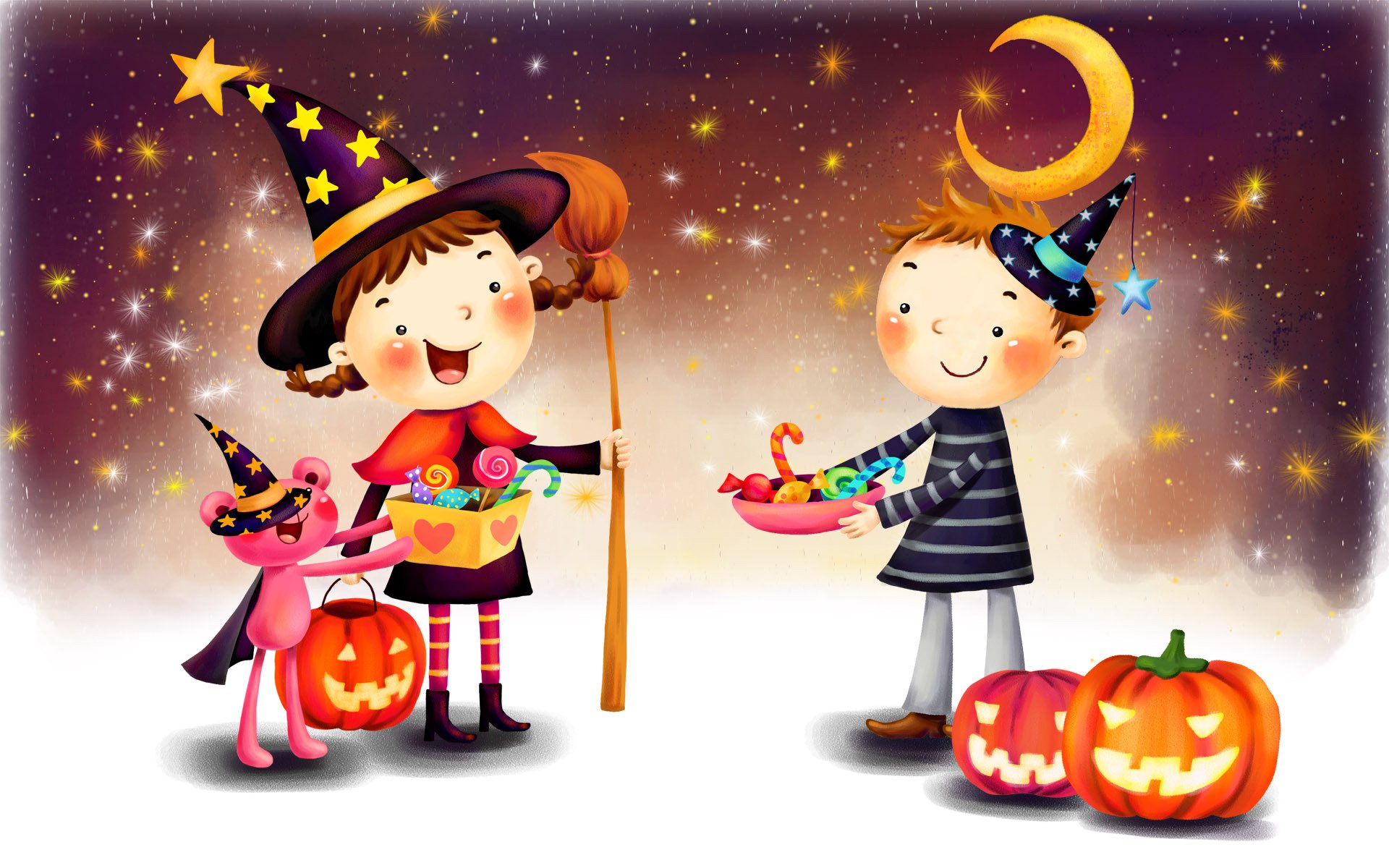 dessin fille garçon fantaisie halloween citrouilles lune sucettes sourires costumes chapeaux balai tresses cape