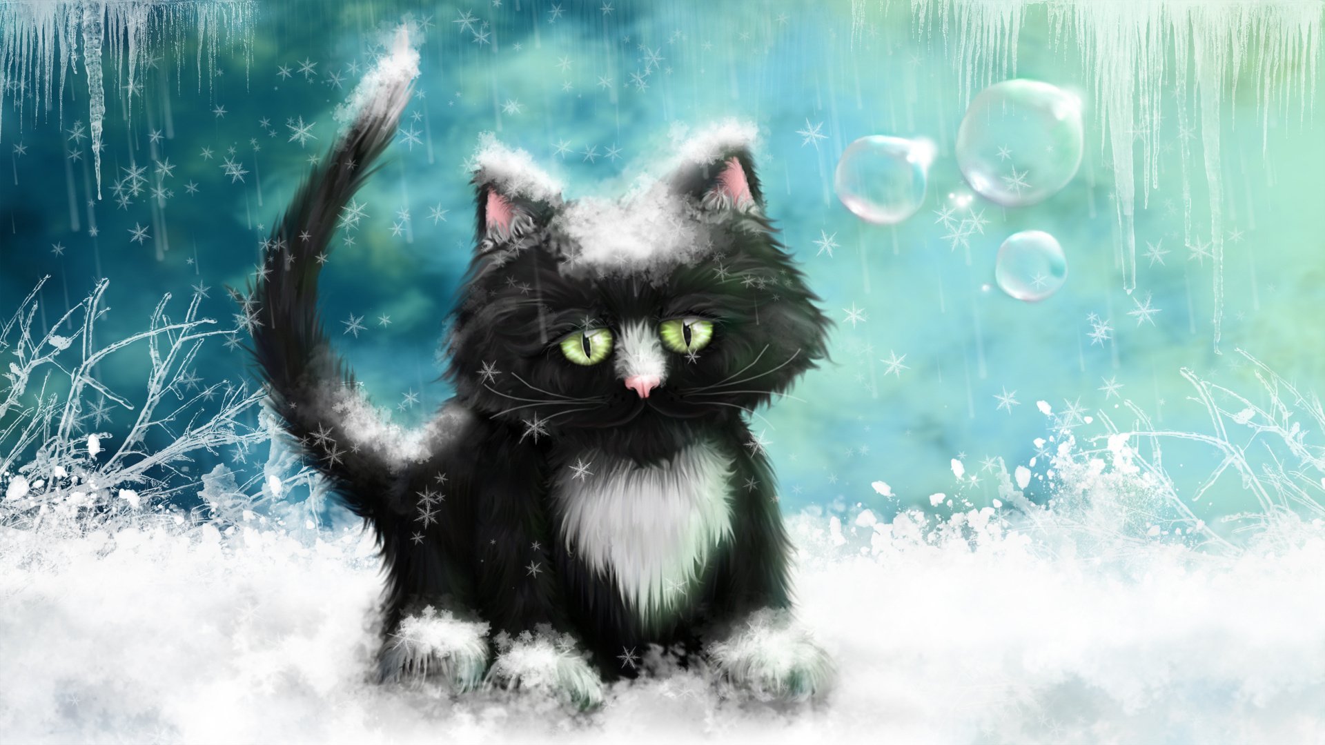 gatto neve inverno gelate ghiaccioli disegno pittura