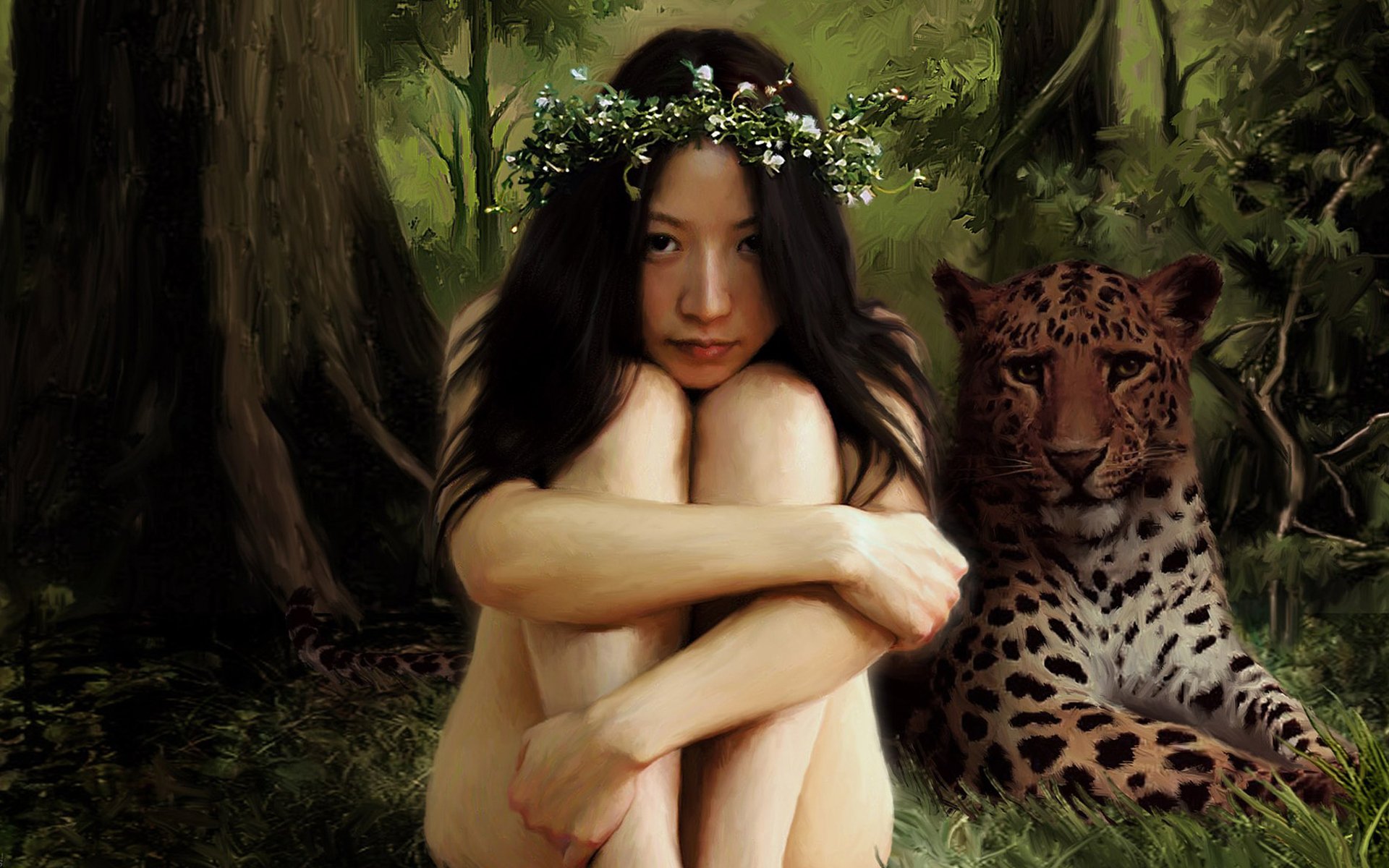 girl leopard wreath forest