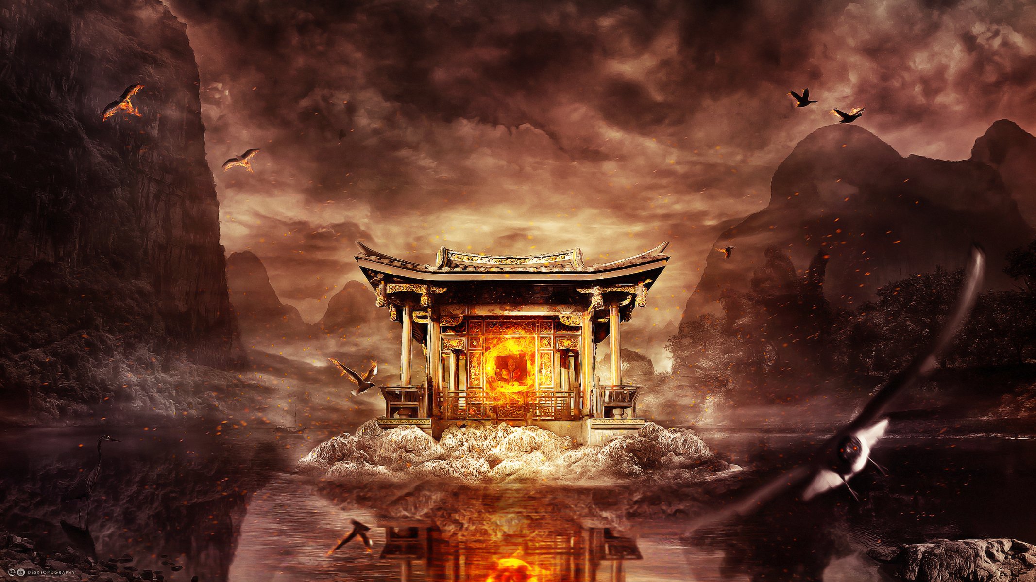 desktopography emblem temple fire sparks reflection heron birds tree water sky