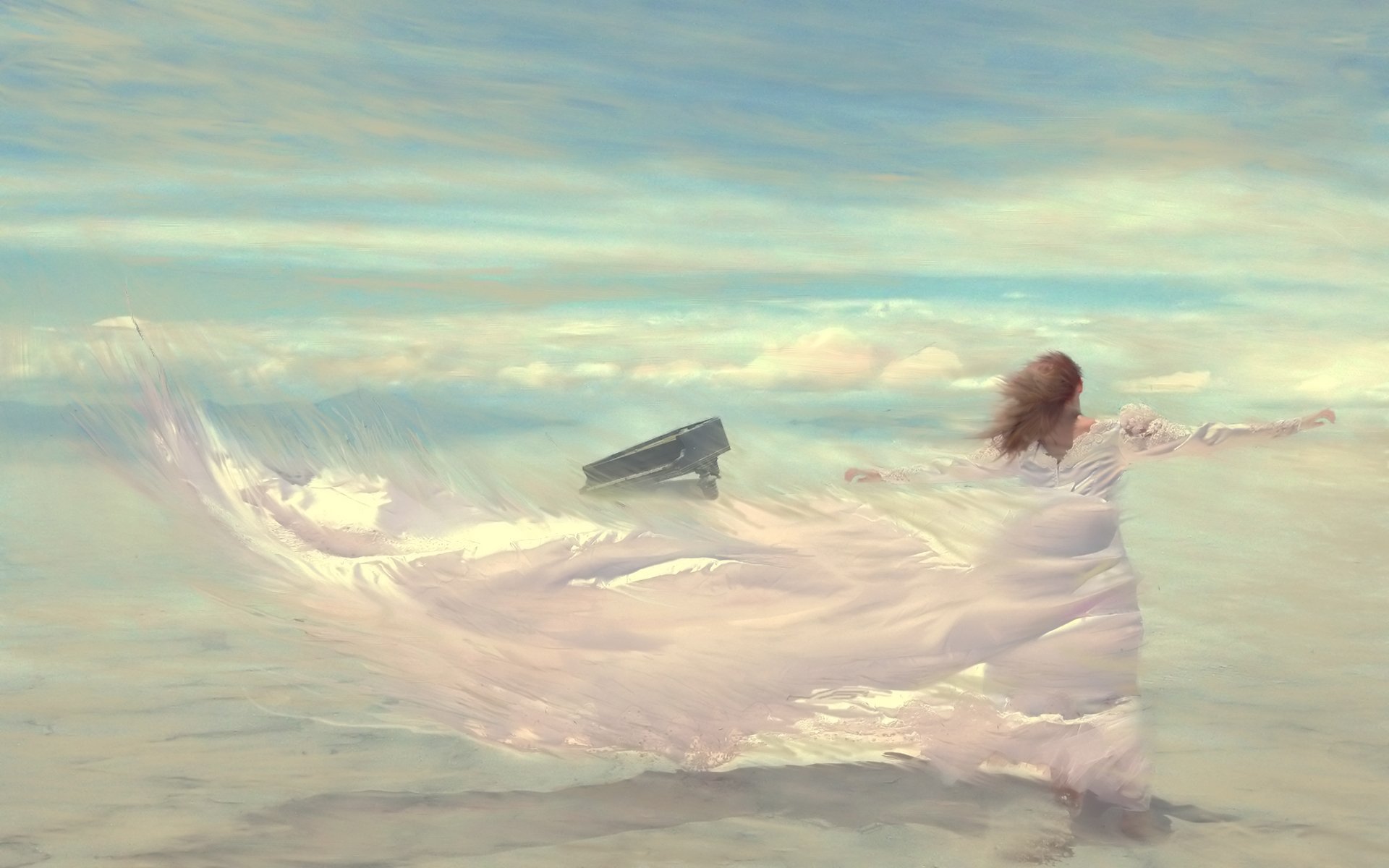 dessin vent fille robe ciel piano nuages