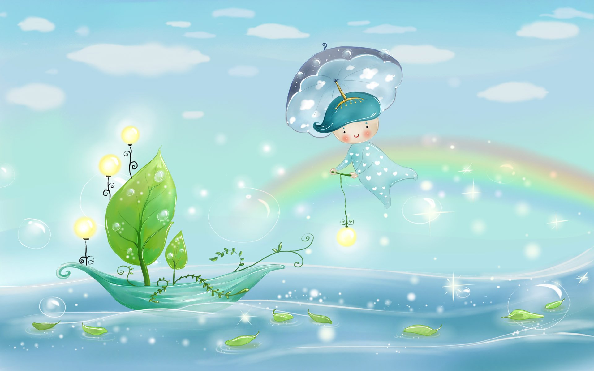 nature weather drawing rain umbrella rainbow boy cloud clouds sky light lanterns sea water leaves boat sail bubble