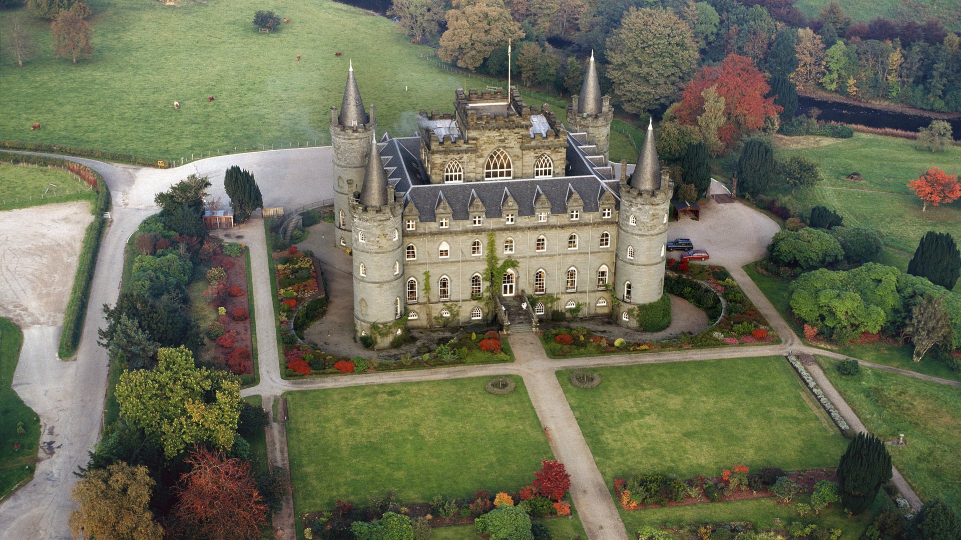 castle autumn river meadow