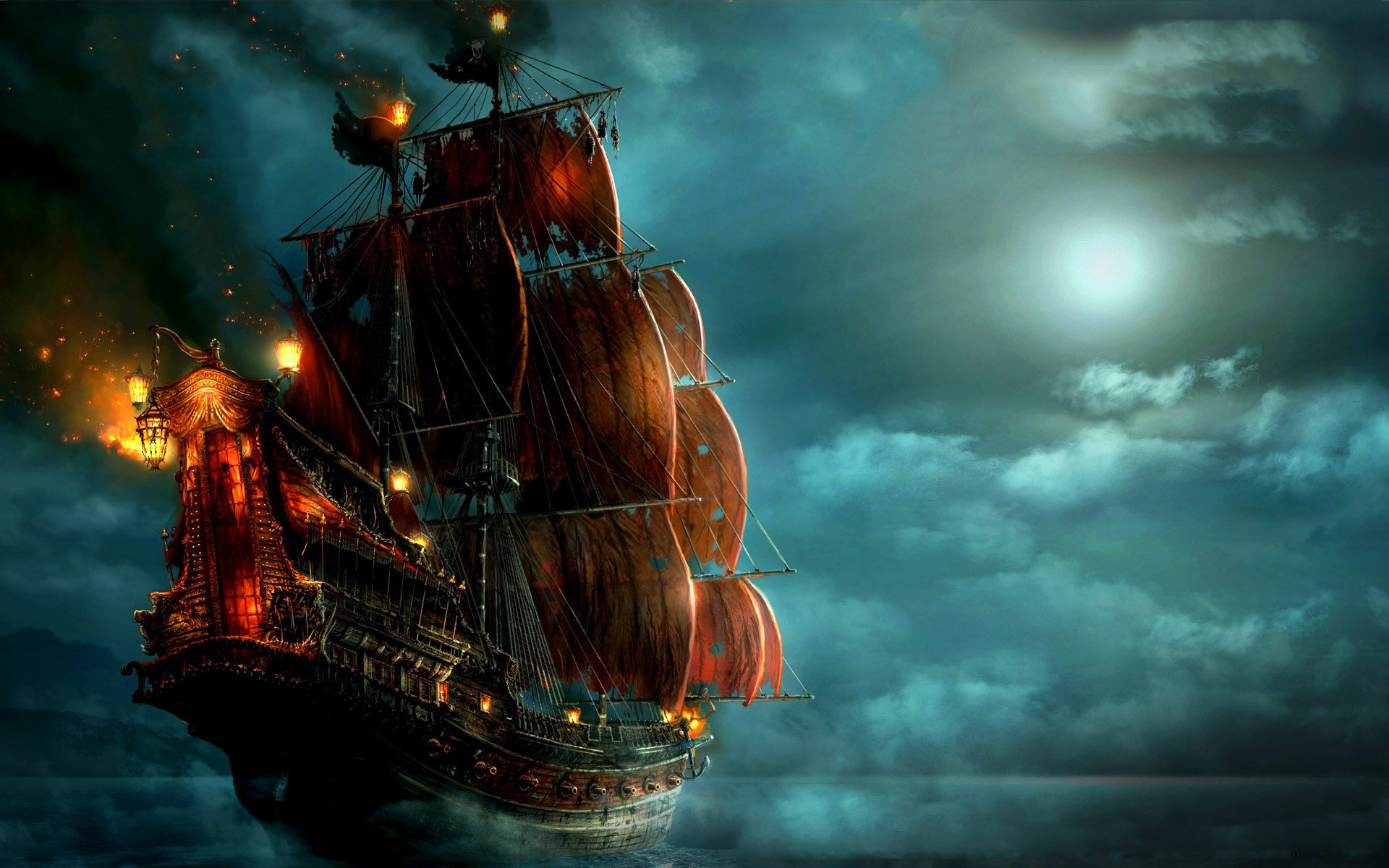 navire mer pirates nuit nuages lune lumières