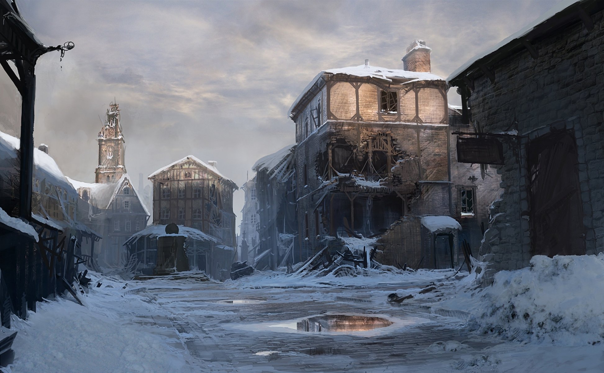 dessin art hiver ville ruine