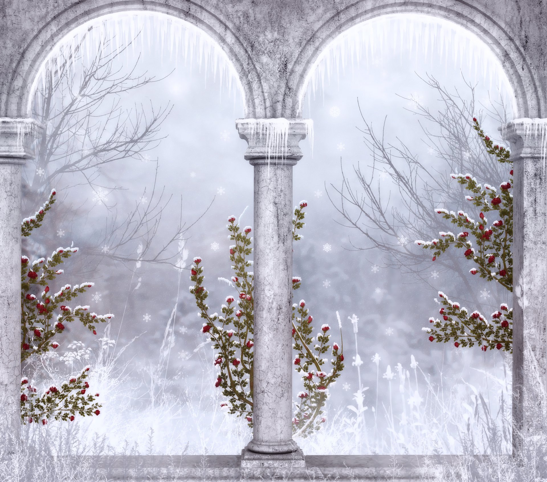 gothic winter column ruins icicles snowflake