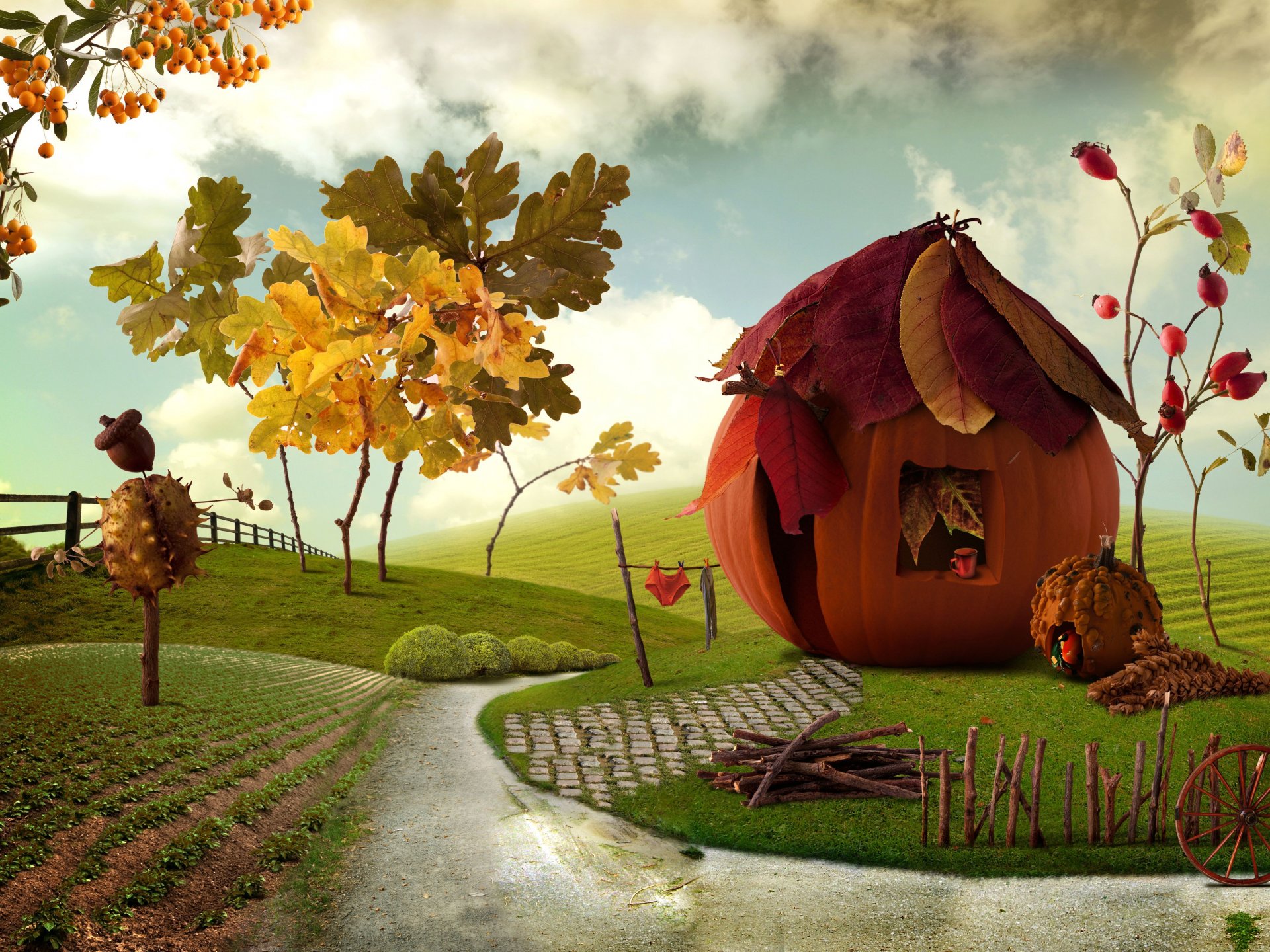 pumpkin house village art chalet house pumpkin autumn path fence berries fields bright leaves landscape art