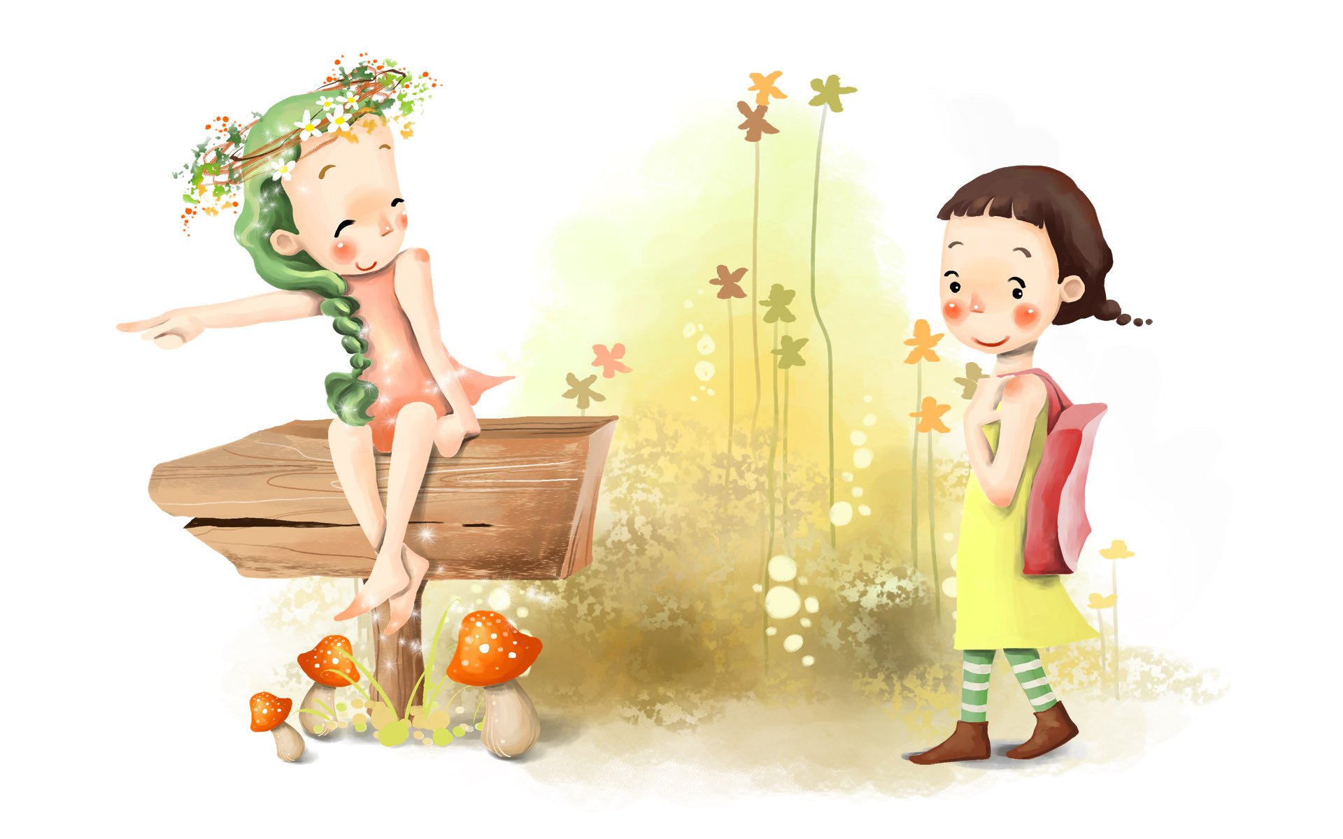 dessin filles sourires été fleurs champignons tresse couronne cartable