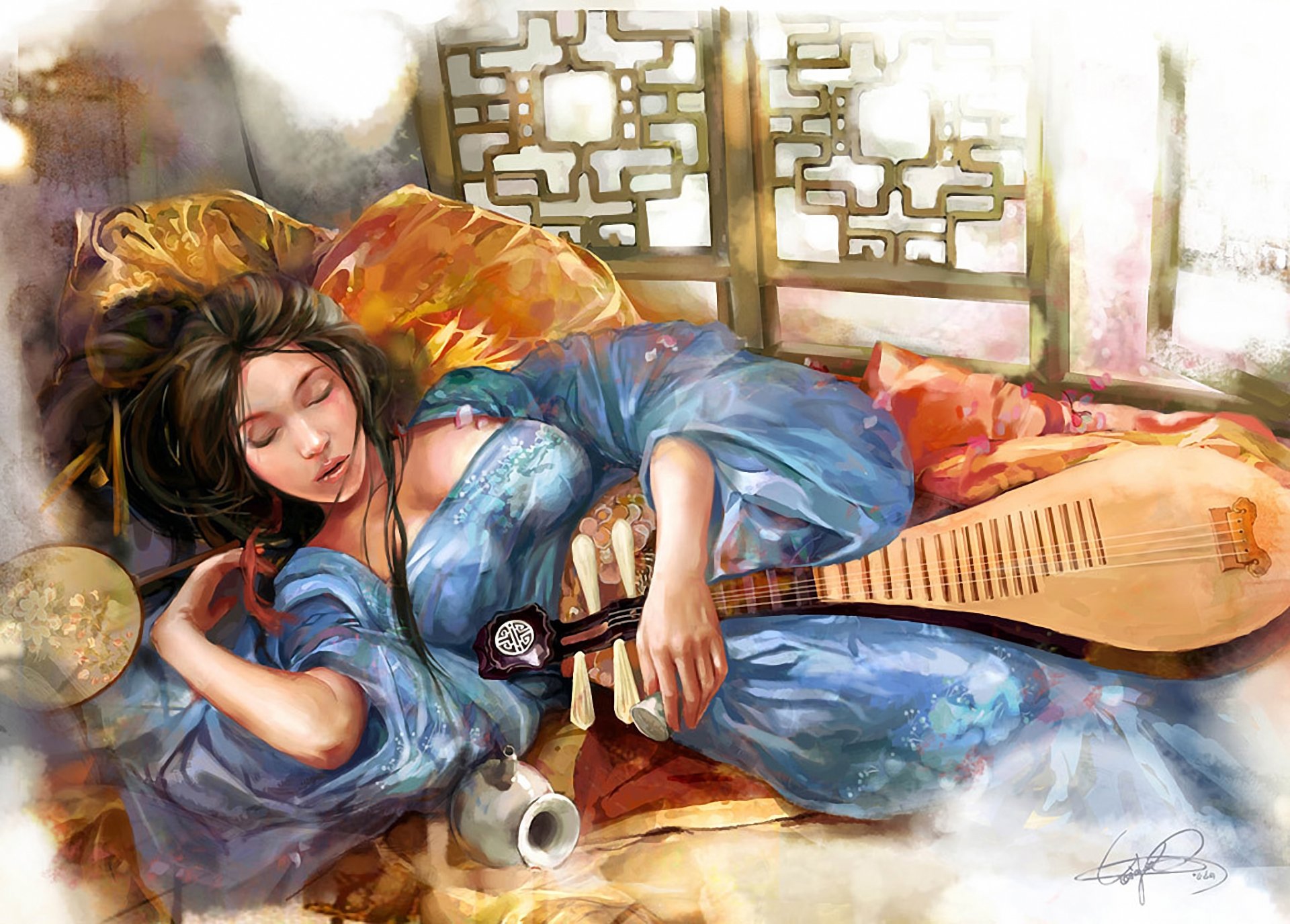 picture vikiey girl lute bed sleeping sake fan