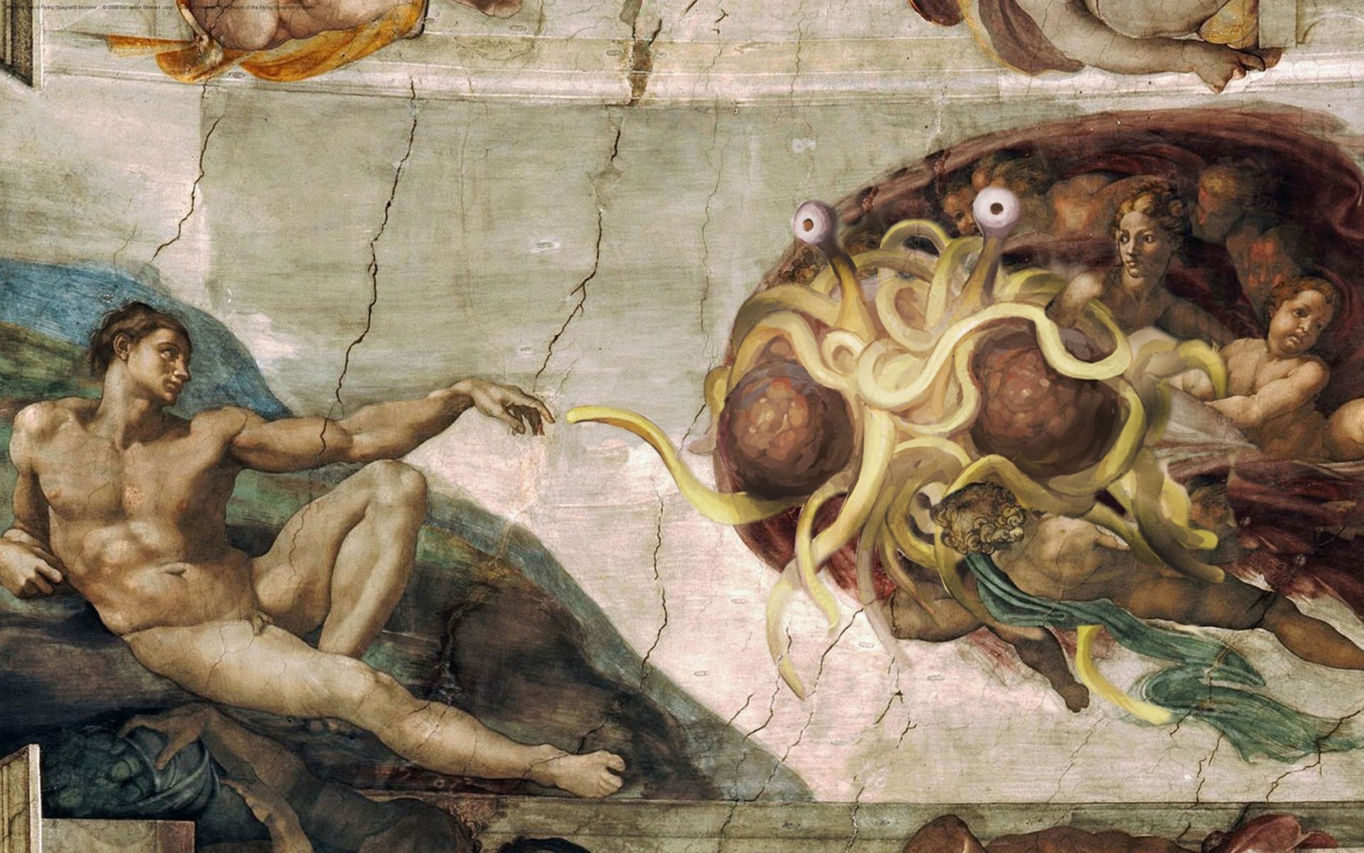 flying spaghetti monster god pastafarianism religion adam angels flying pasta monster meatballs painting sistine chapel