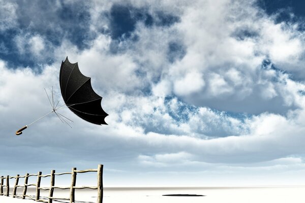 The black umbrella was thrown out and carried away by a gust of strong wind