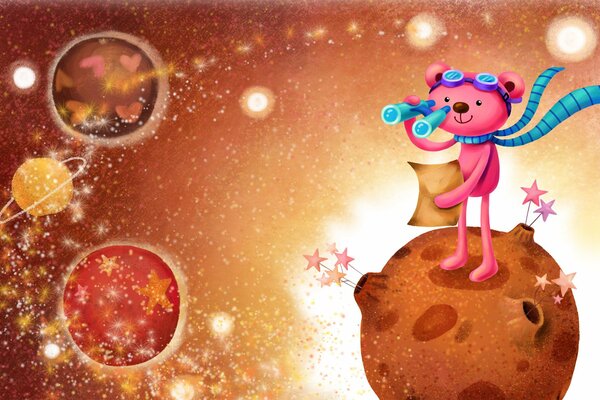 The drawing is cosmic. Pink teddy bear on the planet
