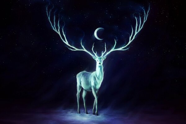 The moon between the spreading antlers of a deer