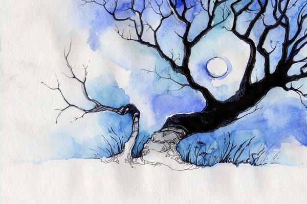 Increíble dibujo de un árbol bajo la Luna azul