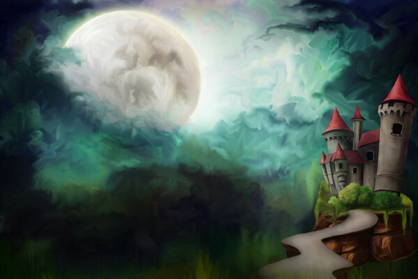 Ein gemaltes Schloss auf dem Hintergrund des Mondes, der aus dunklen Wolken aufsteigt