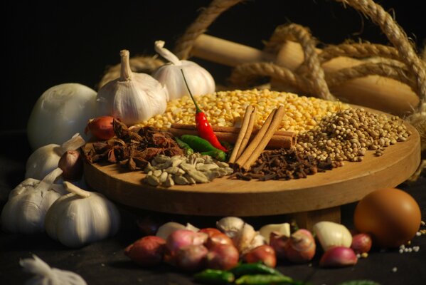 Spices and spices on a wooden tray