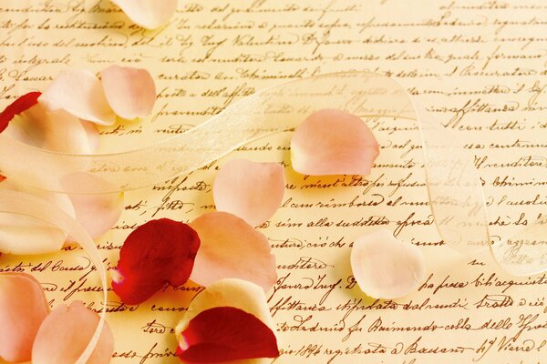 Lettre écrite à la main et parsemée de pétales de rose