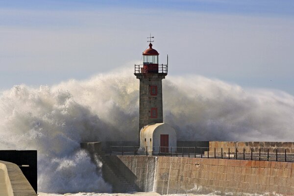 Lighthouse waves spray sky