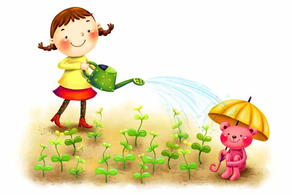 A girl from a watering can waters plants