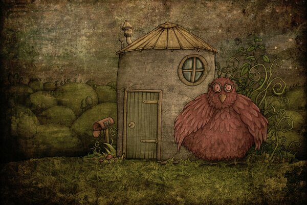 A drawing from a fairy tale a bird stands at a house with a chimney