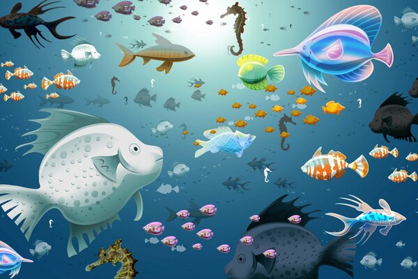 Aquarium de dessin animé avec beaucoup de poissons