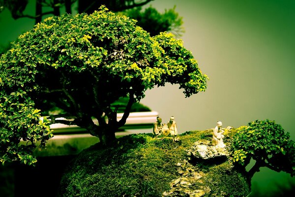 Mini arreglo de árbol bonsai y figuras de personas